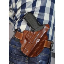 Dual angle open top OWB leather holster with thumb break